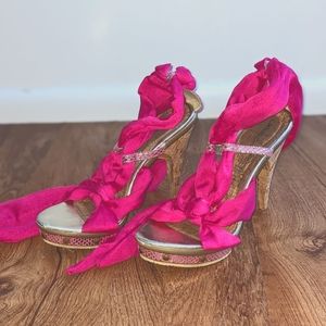 Hot Pink Cork Platform Heels Stiletto Wrapped Sandal